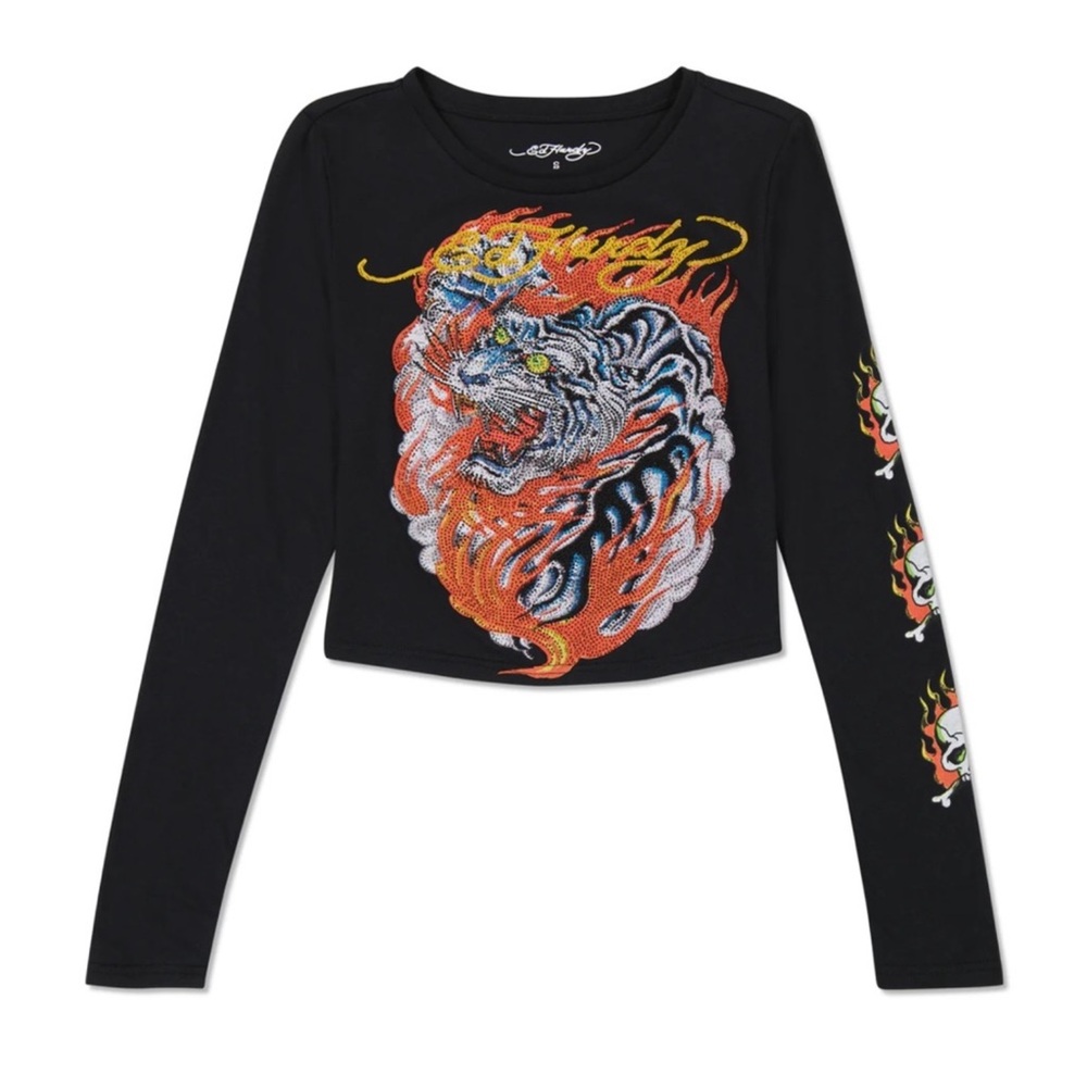 Ed Hardy Black Long Sleeve Tee with Tiger Graphic
